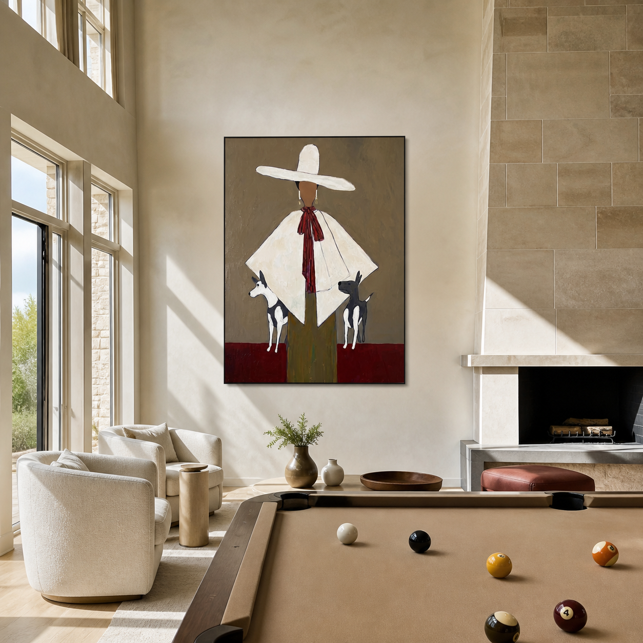 White Brim Guards Twins - woman with two dogs painting by Marcus Lau, retro modern vertical wall art – styled room scene view 4