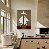 White Brim Guards Twins - woman with two dogs painting by Marcus Lau, retro modern vertical wall art – styled room scene view 4