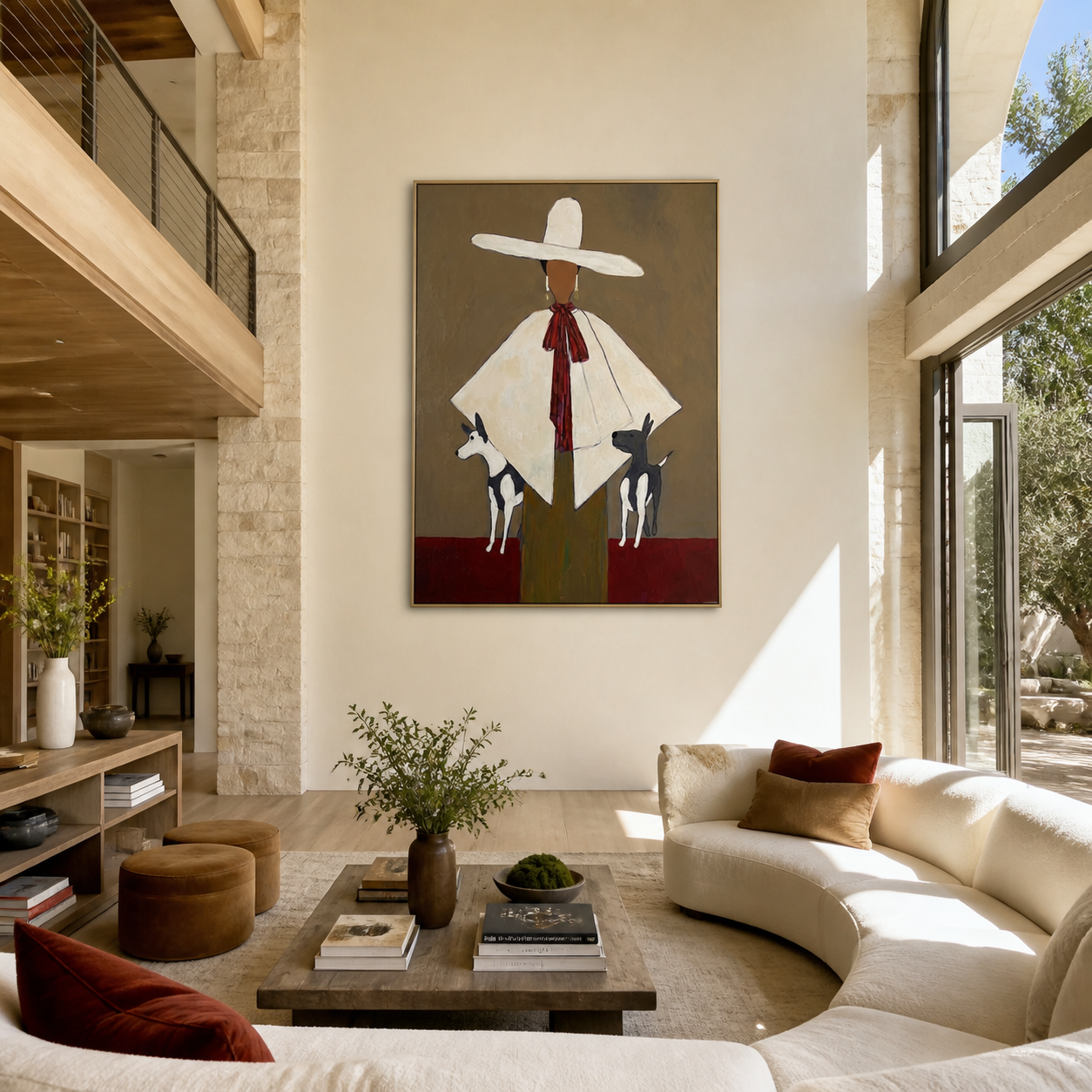 White Brim Guards Twins - woman with two dogs painting by Marcus Lau, retro modern vertical wall art – styled room scene view 5
