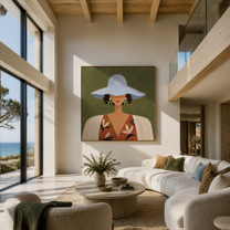 Blue Brim Hides Garden - blue hat floral woman painting by Marcus Lau, retro modern square wall art – styled room scene view 1