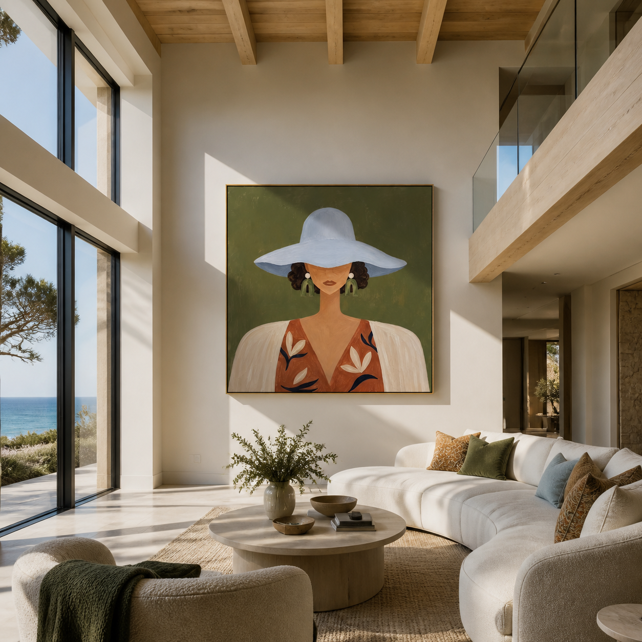 Blue Brim Hides Garden - blue hat floral woman painting by Marcus Lau, retro modern square wall art – styled room scene view 1