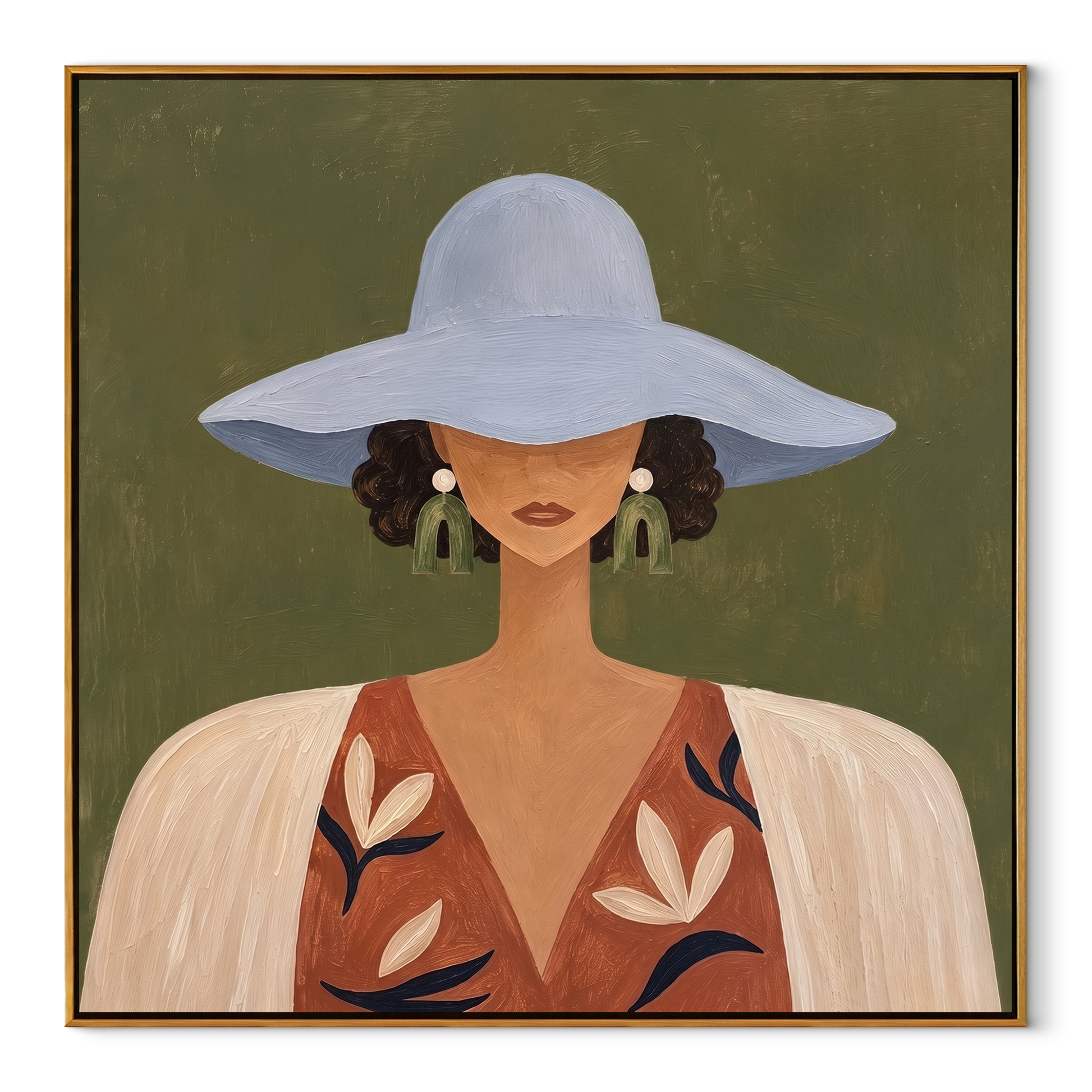 Blue Brim Hides Garden - blue hat floral woman painting by Marcus Lau, retro modern square wall art – wood frame on white background