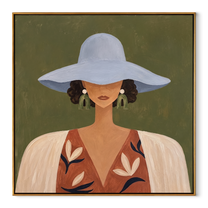 Blue Brim Hides Garden - blue hat floral woman painting by Marcus Lau, retro modern square wall art – wood frame on white background