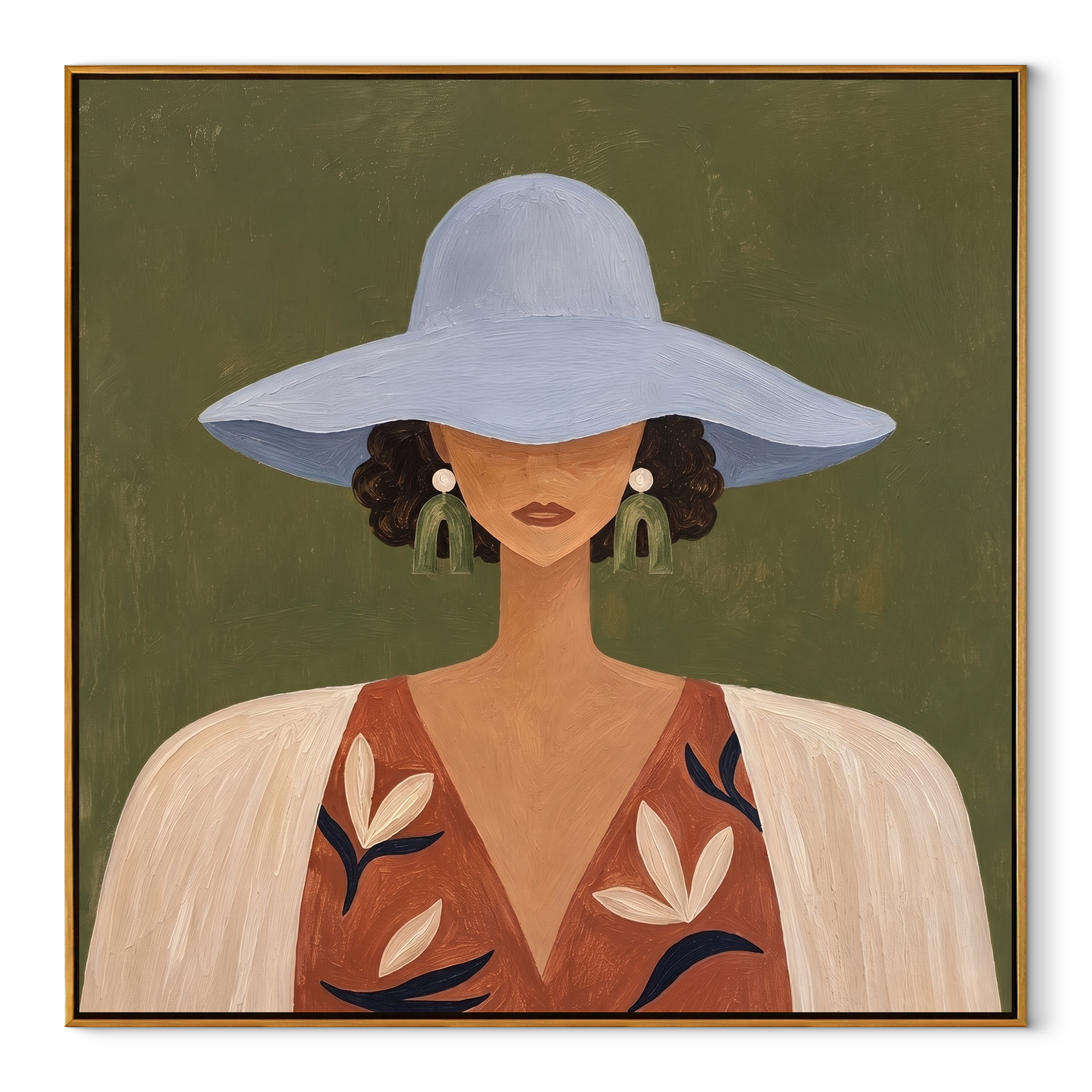 Blue Brim Hides Garden - blue hat floral woman painting by Marcus Lau, retro modern square wall art – wood frame on white background