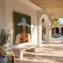 Blue Brim Hides Garden - blue hat floral woman painting by Marcus Lau, retro modern square wall art – styled room scene view 2