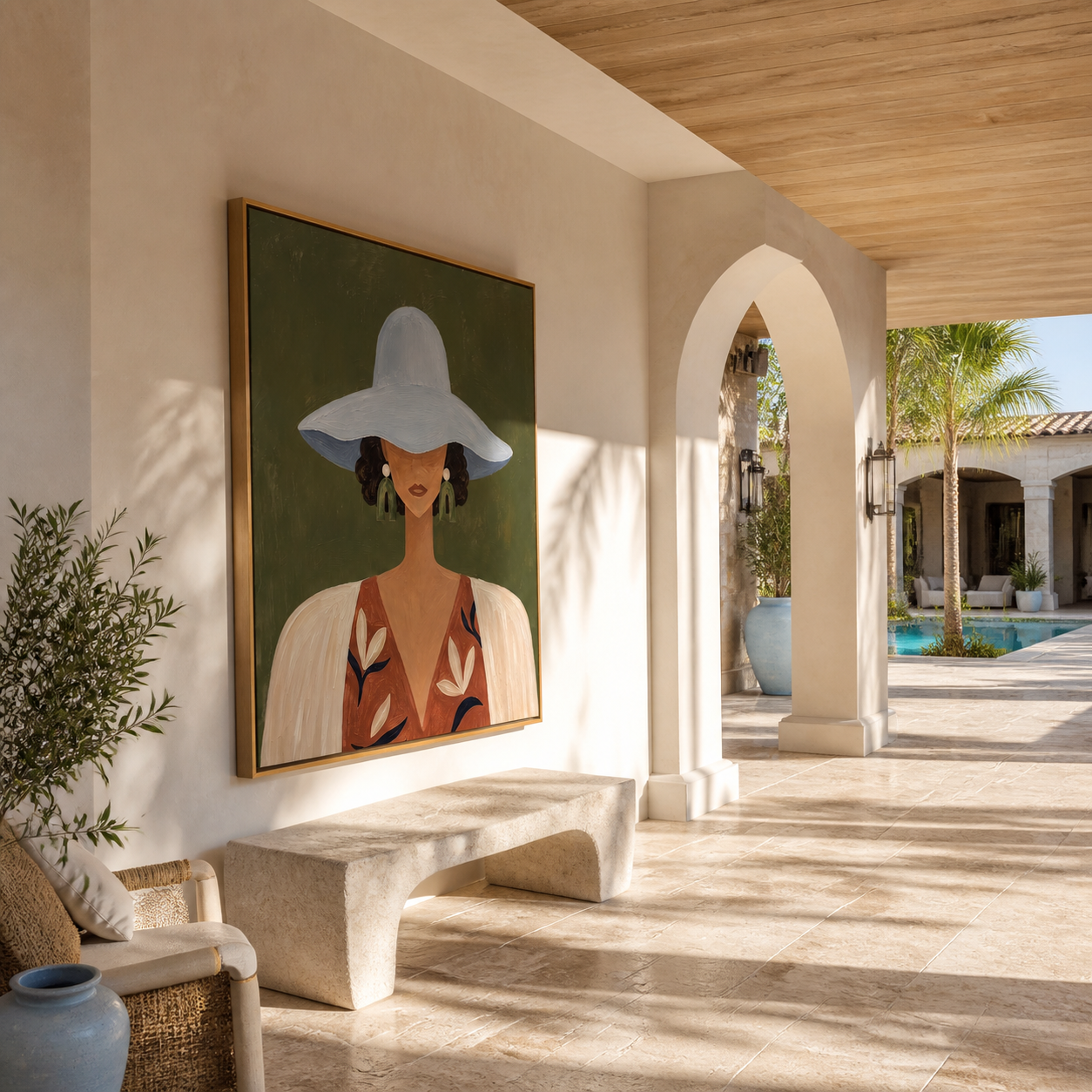Blue Brim Hides Garden - blue hat floral woman painting by Marcus Lau, retro modern square wall art – styled room scene view 2