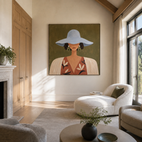 Blue Brim Hides Garden - blue hat floral woman painting by Marcus Lau, retro modern square wall art – styled room scene view 3