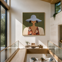 Blue Brim Hides Garden - blue hat floral woman painting by Marcus Lau, retro modern square wall art – styled room scene view 4