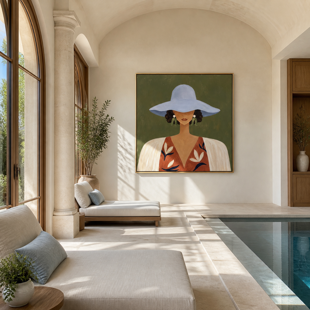 Blue Brim Hides Garden - blue hat floral woman painting by Marcus Lau, retro modern square wall art – styled room scene view 5