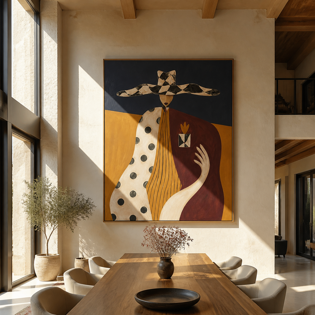 Harlequin Brim Holds Grace - patchwork hat woman painting by Marcus Lau, retro modern vertical wall art – styled room scene view 1