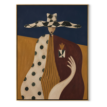 Harlequin Brim Holds Grace - patchwork hat woman painting by Marcus Lau, retro modern vertical wall art – wood frame on white background