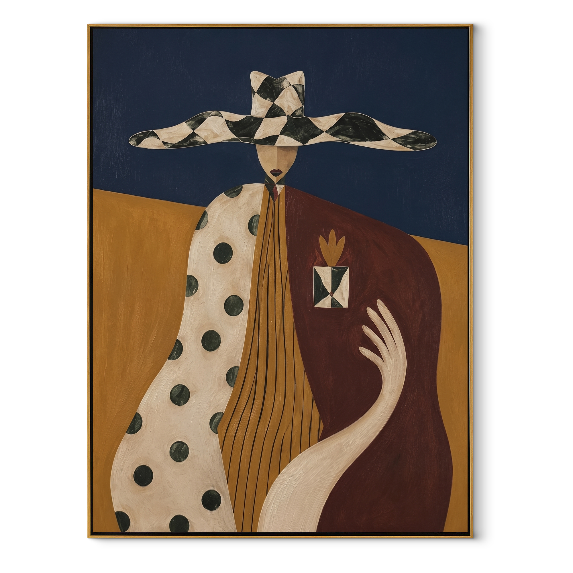 Harlequin Brim Holds Grace - patchwork hat woman painting by Marcus Lau, retro modern vertical wall art – wood frame on white background