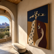 Harlequin Brim Holds Grace - patchwork hat woman painting by Marcus Lau, retro modern vertical wall art – styled room scene view 2