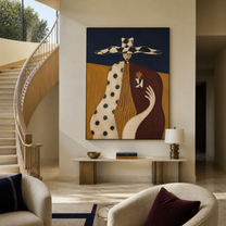 Harlequin Brim Holds Grace - patchwork hat woman painting by Marcus Lau, retro modern vertical wall art – styled room scene view 3