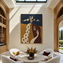 Harlequin Brim Holds Grace - patchwork hat woman painting by Marcus Lau, retro modern vertical wall art – styled room scene view 4