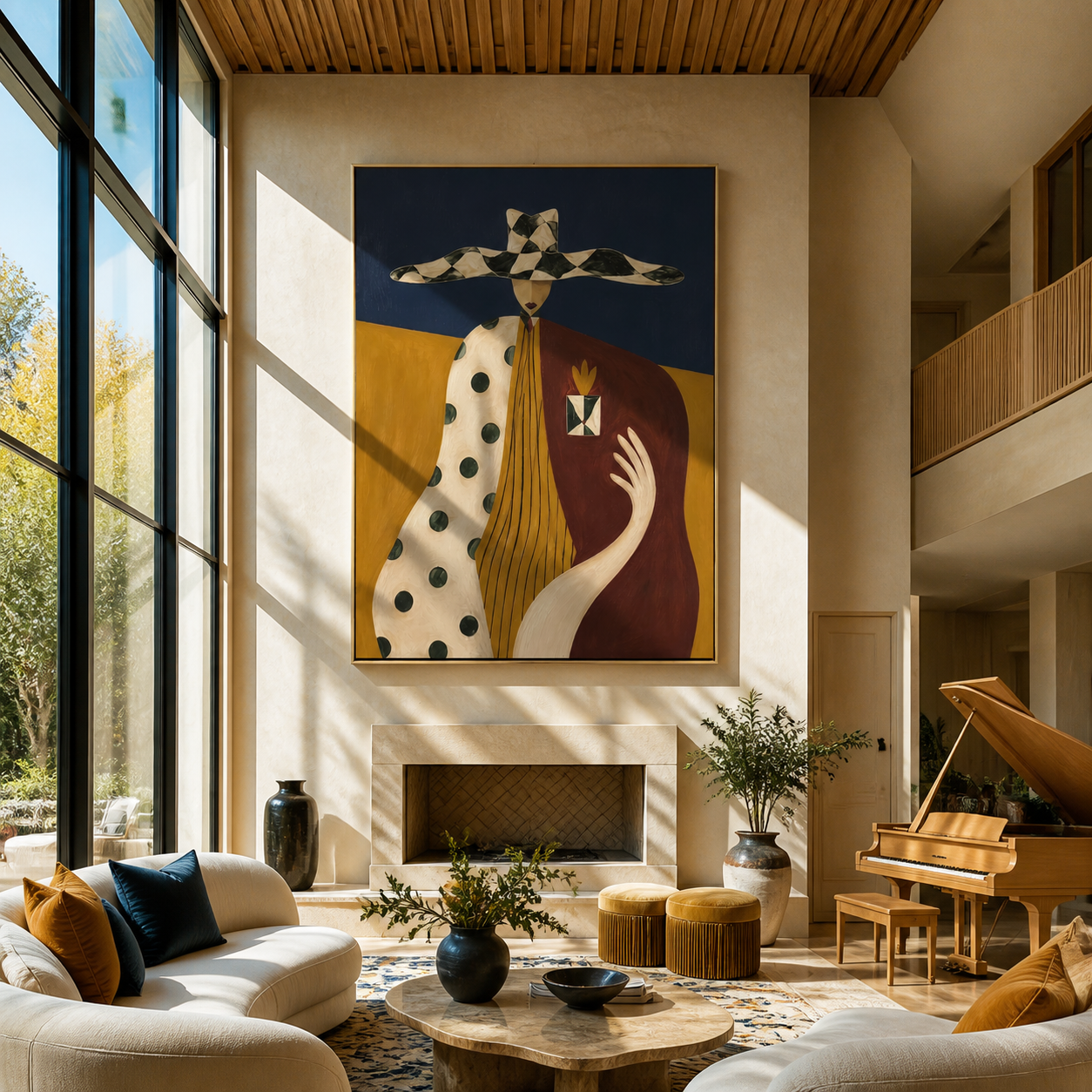 Harlequin Brim Holds Grace - patchwork hat woman painting by Marcus Lau, retro modern vertical wall art – styled room scene view 5