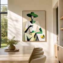 Green Geometry Holds Lemon - geometric woman with cup painting by Marcus Lau, retro modern vertical wall art – styled room scene view 1