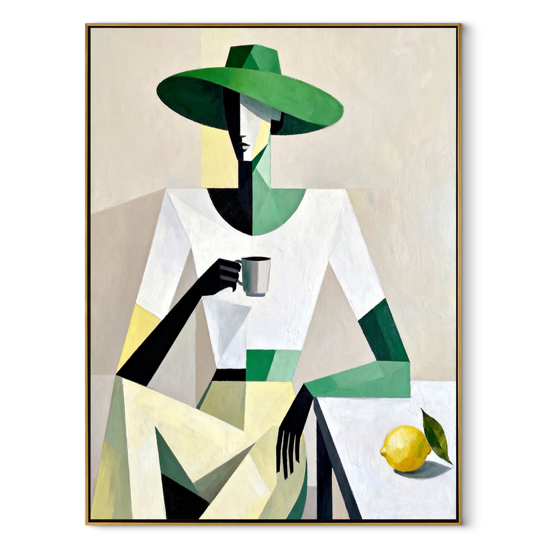 Green Geometry Holds Lemon - geometric woman with cup painting by Marcus Lau, retro modern vertical wall art – wood frame on white background