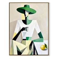 Green Geometry Holds Lemon - geometric woman with cup painting by Marcus Lau, retro modern vertical wall art – wood frame on white background