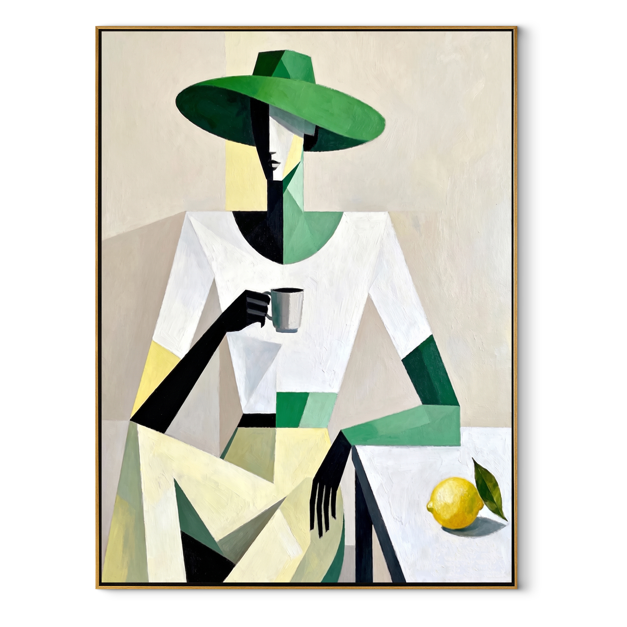 Green Geometry Holds Lemon - geometric woman with cup painting by Marcus Lau, retro modern vertical wall art – wood frame on white background