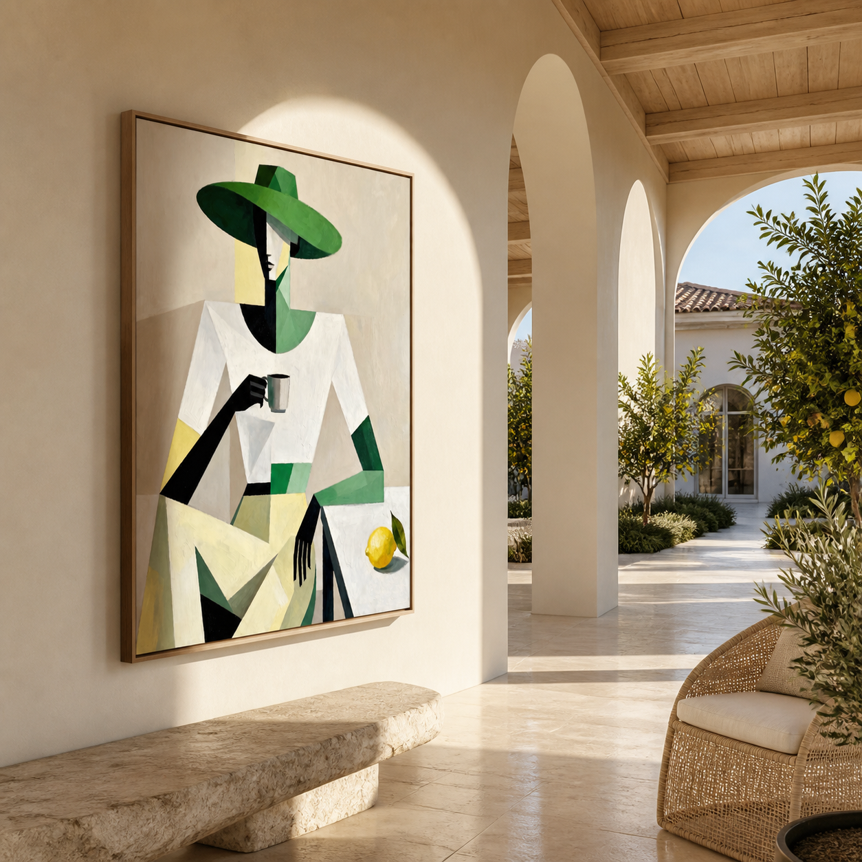 Green Geometry Holds Lemon - geometric woman with cup painting by Marcus Lau, retro modern vertical wall art – styled room scene view 2