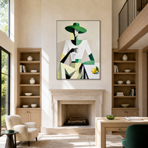 Green Geometry Holds Lemon - geometric woman with cup painting by Marcus Lau, retro modern vertical wall art – styled room scene view 3