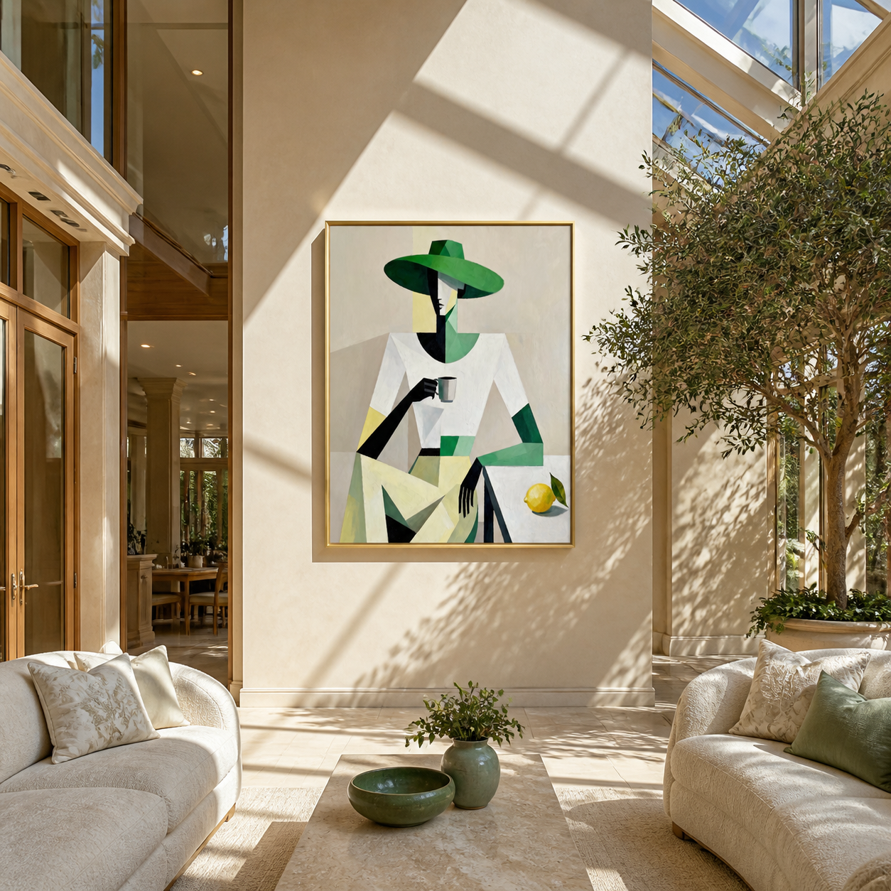 Green Geometry Holds Lemon - geometric woman with cup painting by Marcus Lau, retro modern vertical wall art – styled room scene view 4