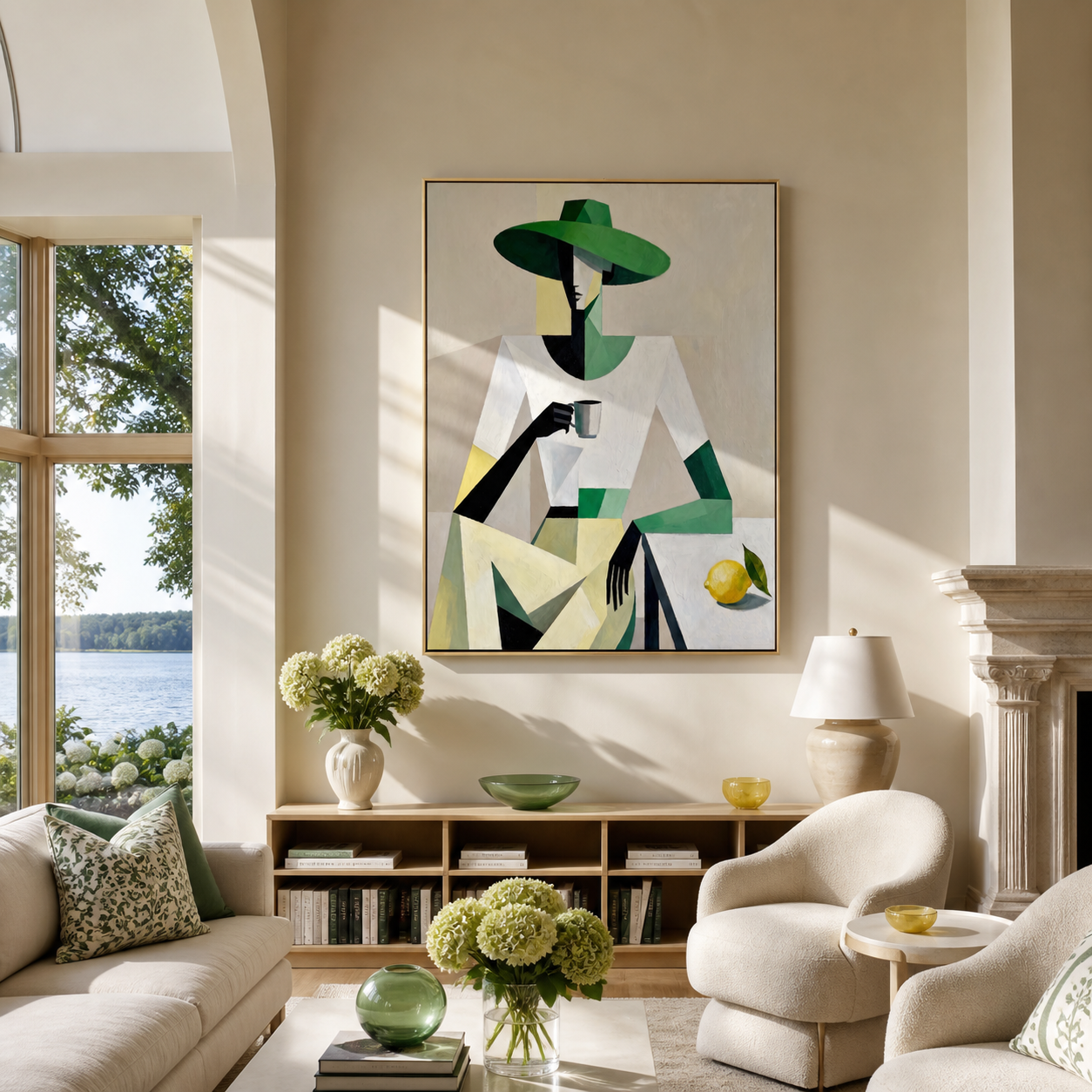 Green Geometry Holds Lemon - geometric woman with cup painting by Marcus Lau, retro modern vertical wall art – styled room scene view 5