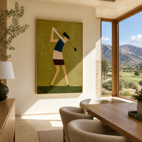 Golfer Bends Through Olive - minimalist woman golfer painting by Marcus Lau, retro modern vertical wall art – styled room scene view 1