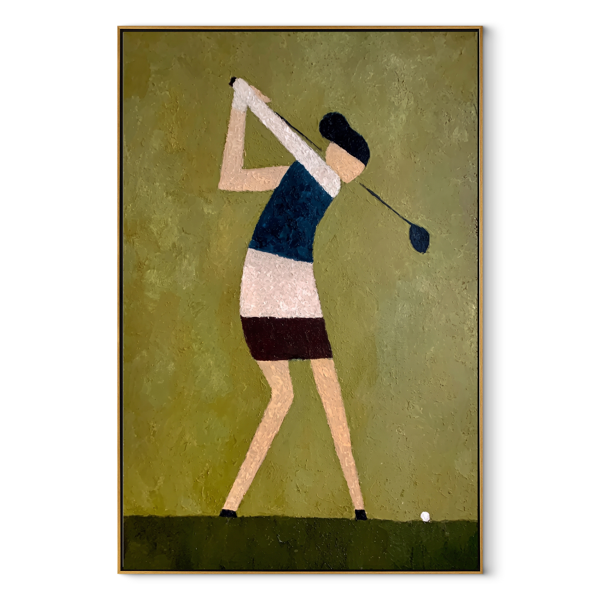 Golfer Bends Through Olive - minimalist woman golfer painting by Marcus Lau, retro modern vertical wall art – wood frame on white background