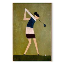 Golfer Bends Through Olive - minimalist woman golfer painting by Marcus Lau, retro modern vertical wall art – wood frame on white background