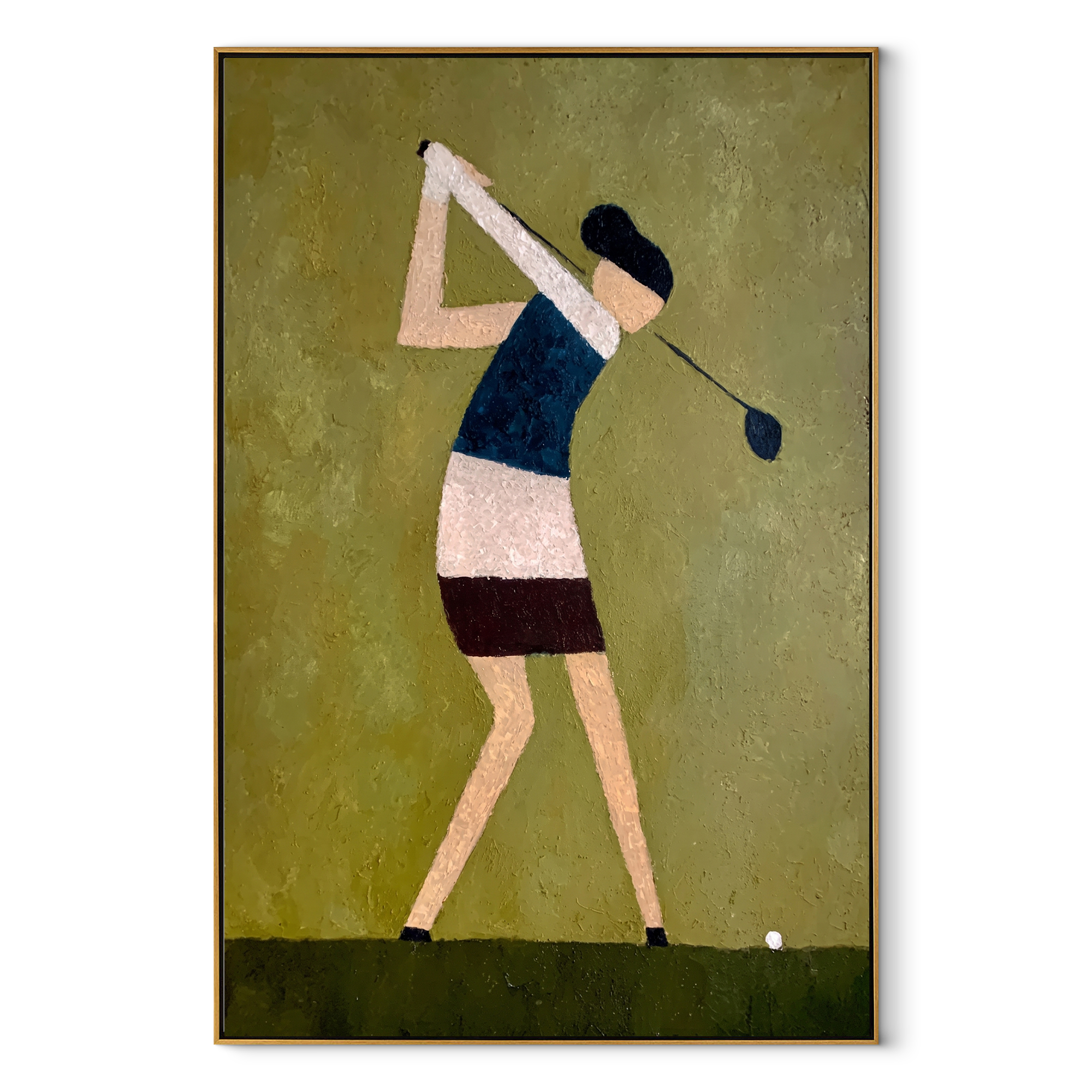 Golfer Bends Through Olive - minimalist woman golfer painting by Marcus Lau, retro modern vertical wall art – wood frame on white background