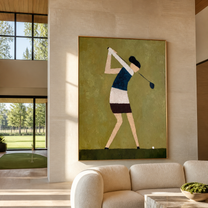 Golfer Bends Through Olive - minimalist woman golfer painting by Marcus Lau, retro modern vertical wall art – styled room scene view 2