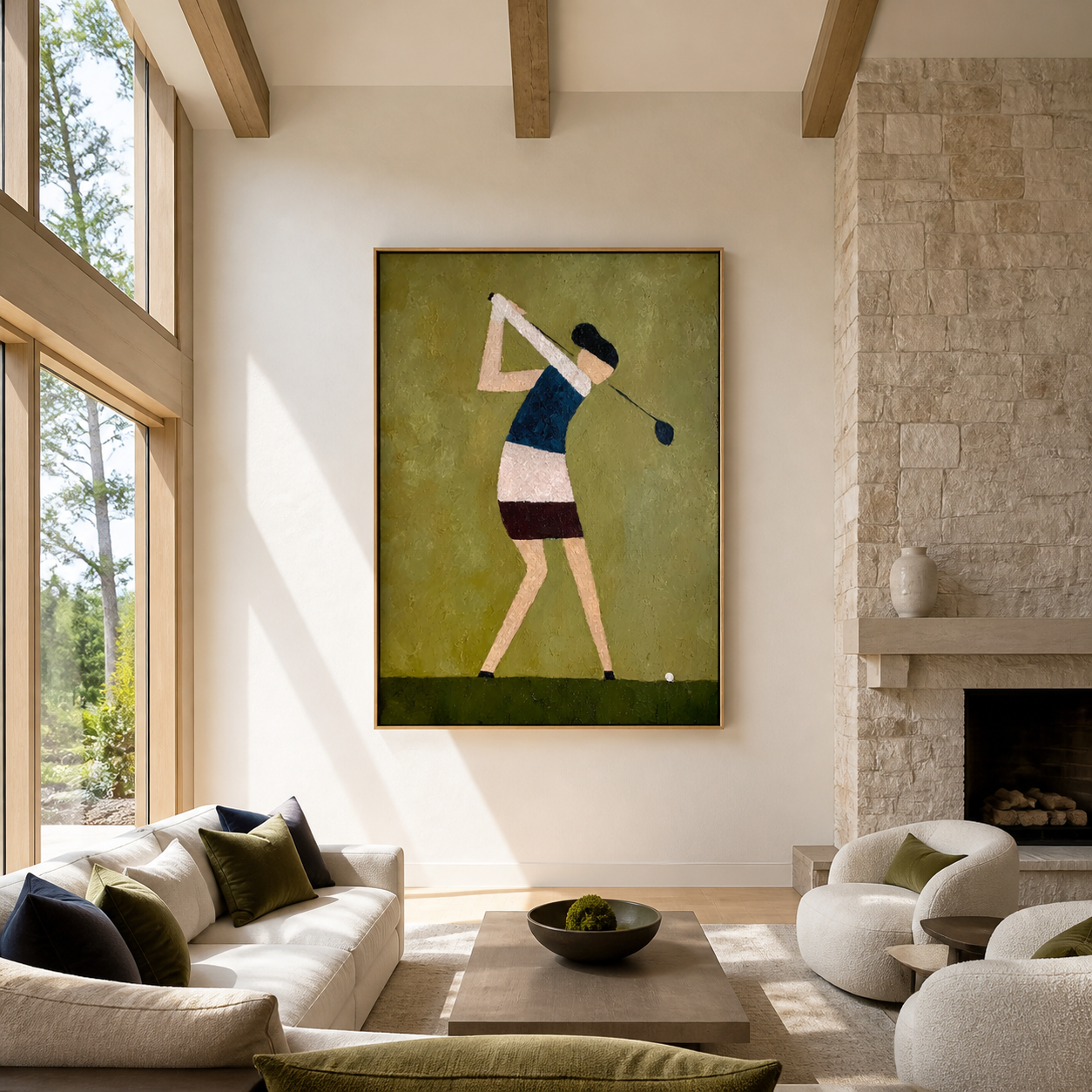 Golfer Bends Through Olive - minimalist woman golfer painting by Marcus Lau, retro modern vertical wall art – styled room scene view 3