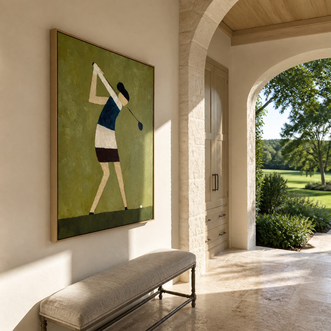 Golfer Bends Through Olive - minimalist woman golfer painting by Marcus Lau, retro modern vertical wall art – styled room scene view 4
