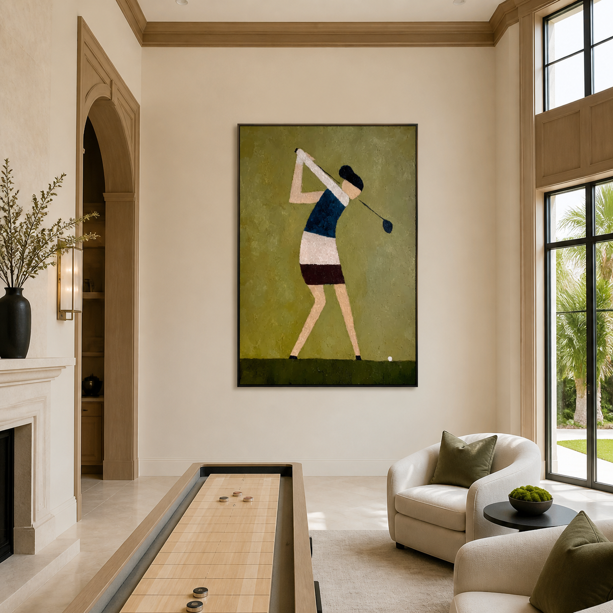 Golfer Bends Through Olive - minimalist woman golfer painting by Marcus Lau, retro modern vertical wall art – styled room scene view 5