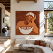 White Bowl Holds Leaves - woman with decorative bowl painting by Marcus Lau, retro modern square wall art – styled room scene view 1