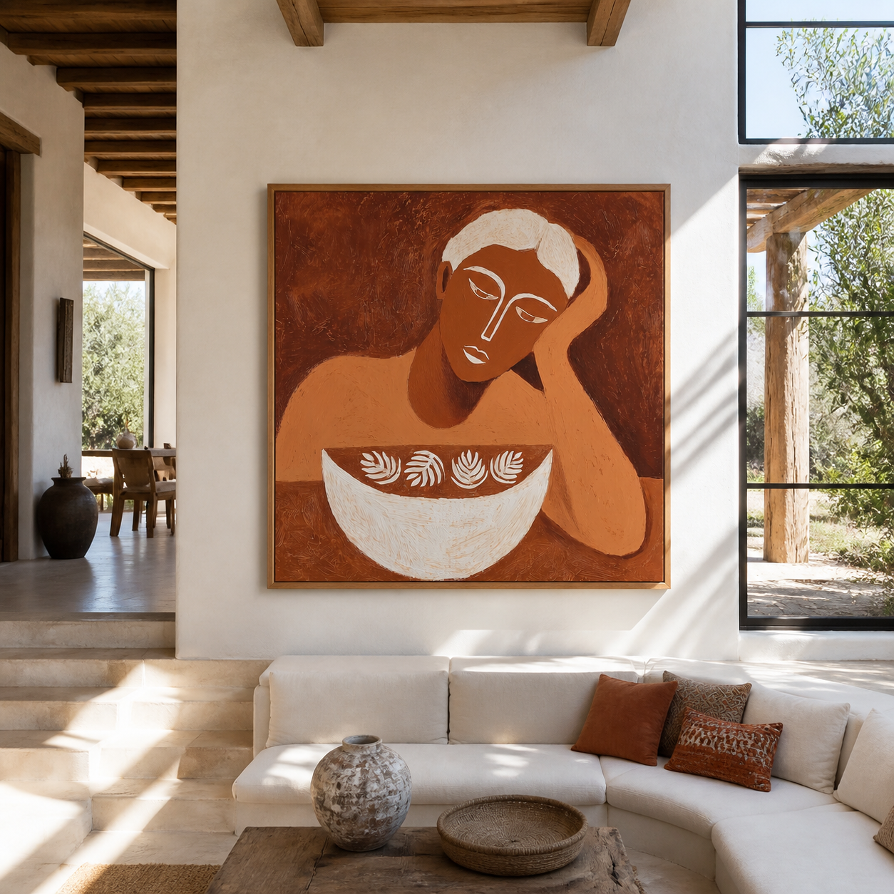 White Bowl Holds Leaves - woman with decorative bowl painting by Marcus Lau, retro modern square wall art – styled room scene view 1
