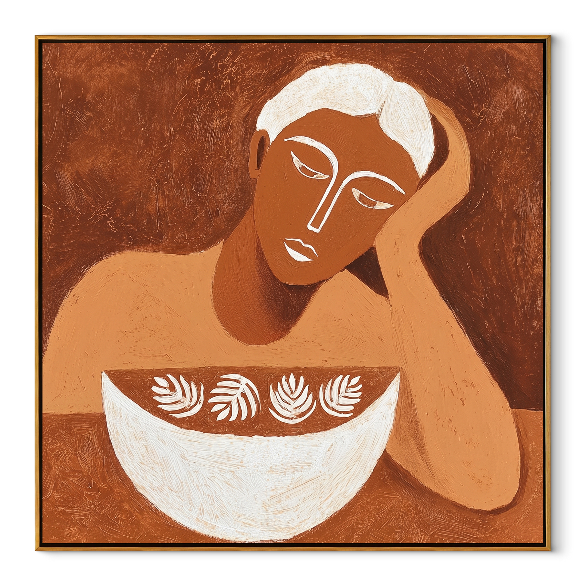 White Bowl Holds Leaves - woman with decorative bowl painting by Marcus Lau, retro modern square wall art – wood frame on white background