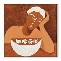 White Bowl Holds Leaves - woman with decorative bowl painting by Marcus Lau, retro modern square wall art – wood frame on white background