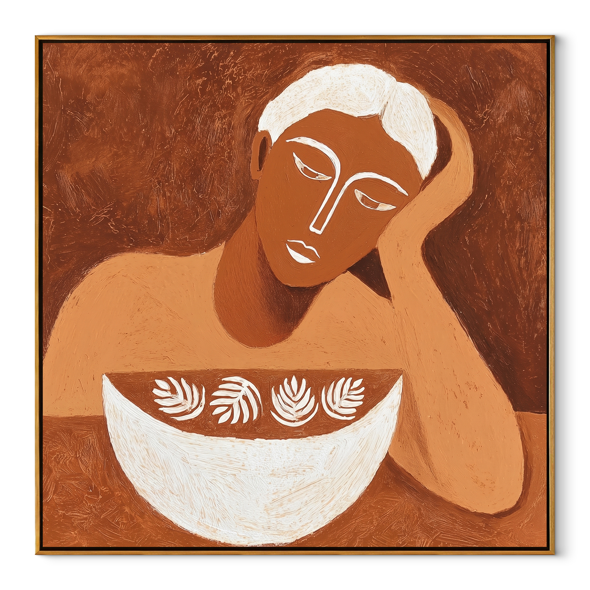 White Bowl Holds Leaves - woman with decorative bowl painting by Marcus Lau, retro modern square wall art – wood frame on white background