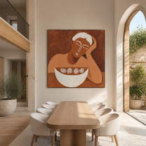 White Bowl Holds Leaves - woman with decorative bowl painting by Marcus Lau, retro modern square wall art – styled room scene view 3