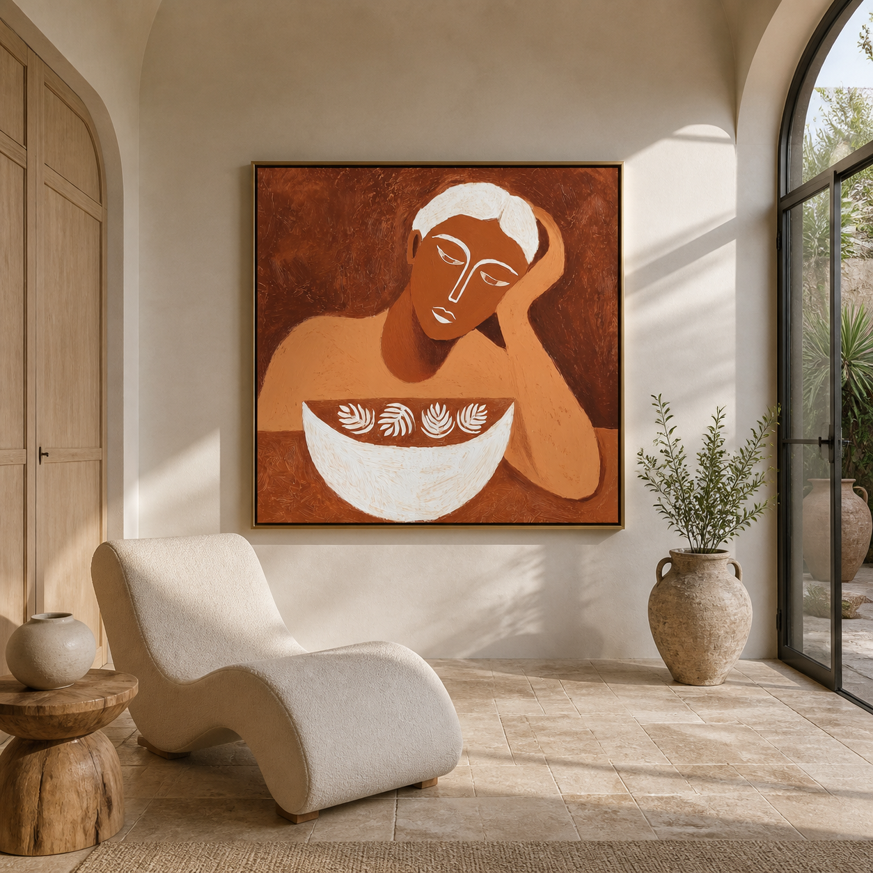 White Bowl Holds Leaves - woman with decorative bowl painting by Marcus Lau, retro modern square wall art – styled room scene view 4