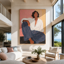 Blue Trousers Rest Blush - seated woman in blue painting by Marcus Lau, retro modern vertical wall art – styled room scene view 1