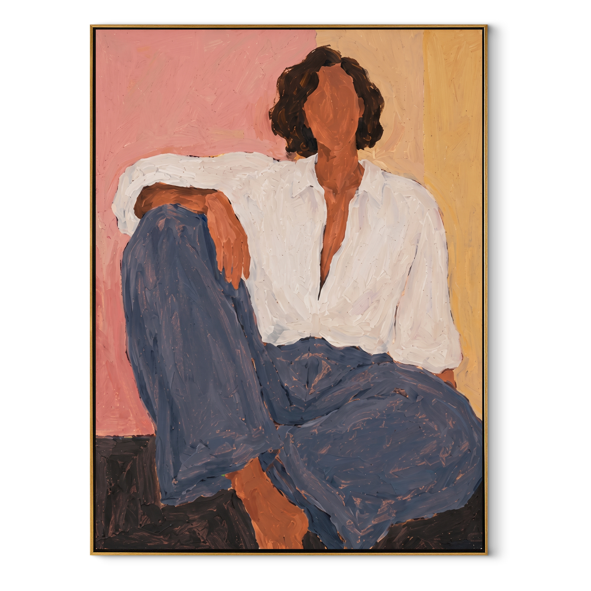 Blue Trousers Rest Blush - seated woman in blue painting by Marcus Lau, retro modern vertical wall art – wood frame on white background