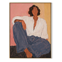 Blue Trousers Rest Blush - seated woman in blue painting by Marcus Lau, retro modern vertical wall art – wood frame on white background