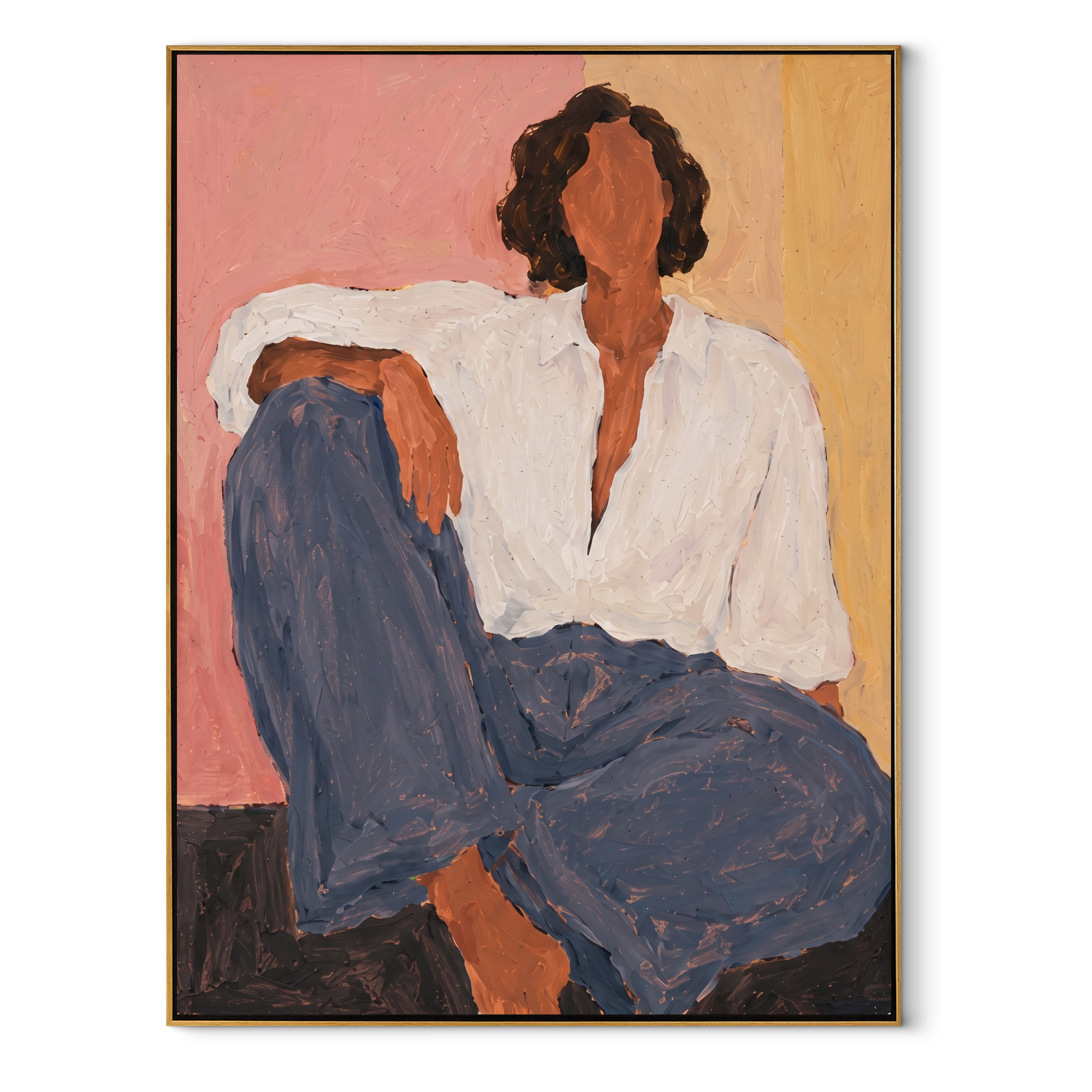 Blue Trousers Rest Blush - seated woman in blue painting by Marcus Lau, retro modern vertical wall art – wood frame on white background