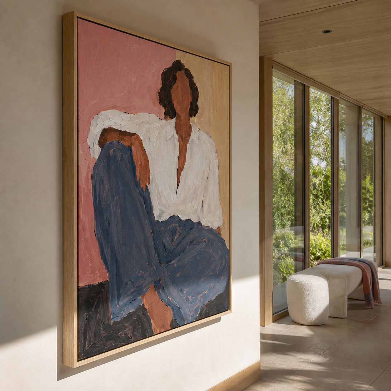 Blue Trousers Rest Blush - seated woman in blue painting by Marcus Lau, retro modern vertical wall art – styled room scene view 2