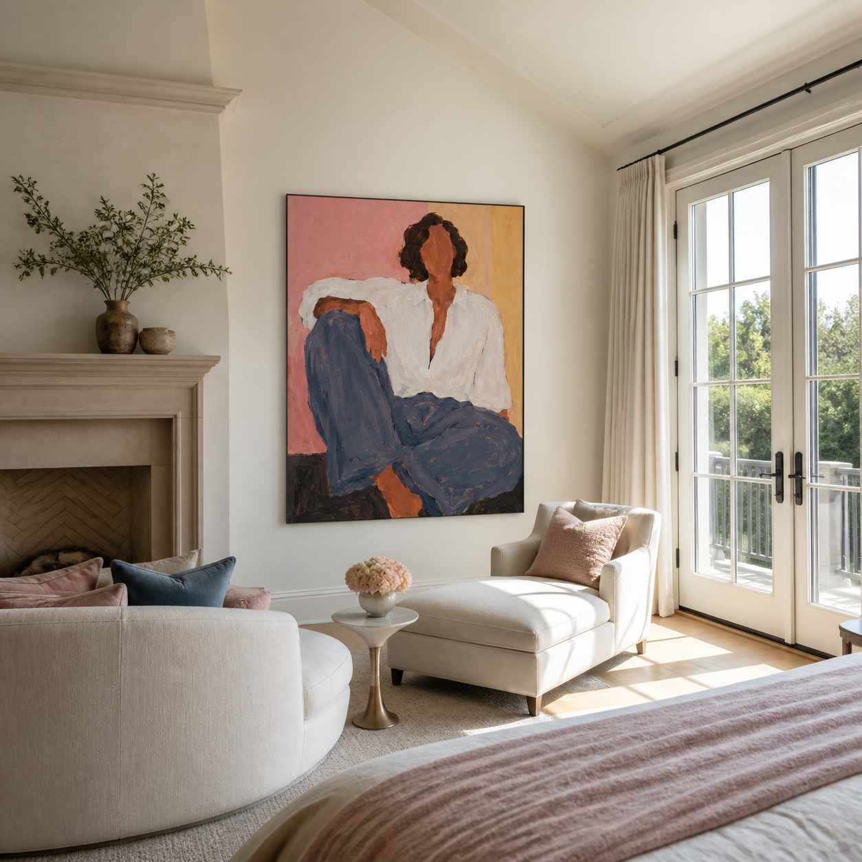 Blue Trousers Rest Blush - seated woman in blue painting by Marcus Lau, retro modern vertical wall art – styled room scene view 3