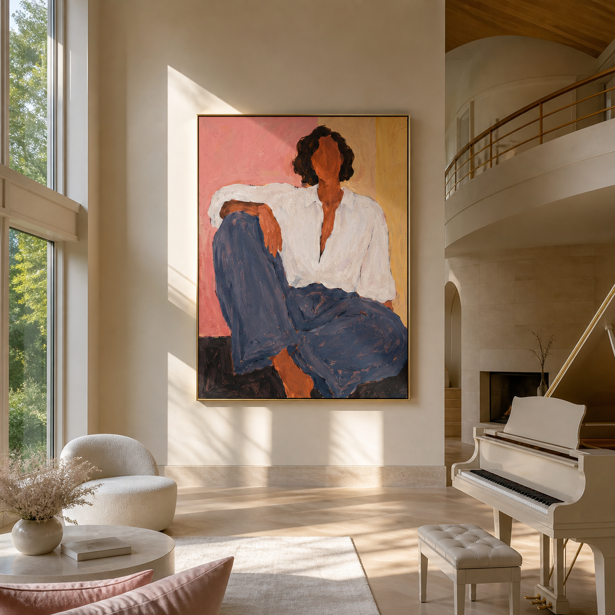 Blue Trousers Rest Blush - seated woman in blue painting by Marcus Lau, retro modern vertical wall art – styled room scene view 4